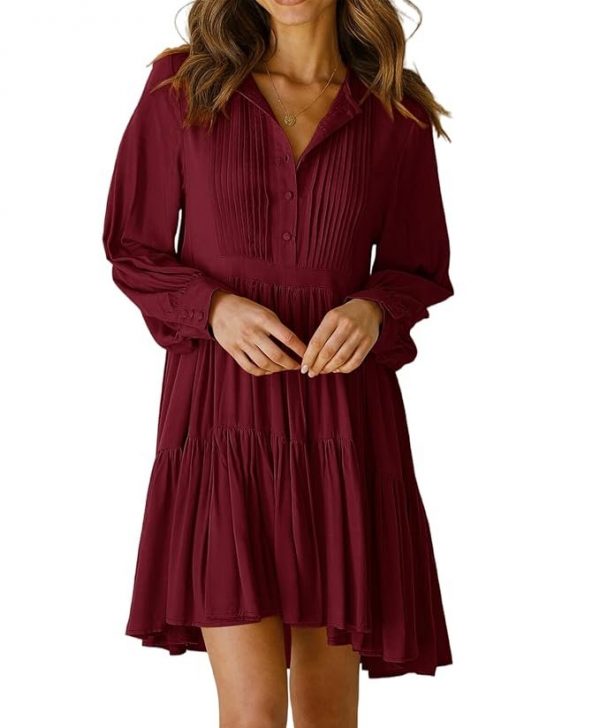 R.Vivimos Womens Fall Long Sleeve Casual Cotton Ruffle Button Down Loose Fit Mini Dress