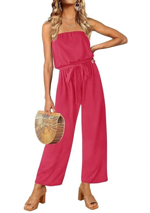 ZESICA Women's Casual Off Shoulder Solid Color Strapless Belted Wide Leg Jumpsuit Romper, Teaberry, XX-Large
