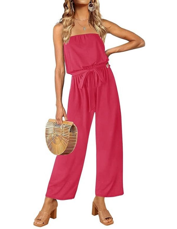 ZESICA Women's Casual Off Shoulder Solid Color Strapless Belted Wide Leg Jumpsuit Romper, Teaberry, XX-Large