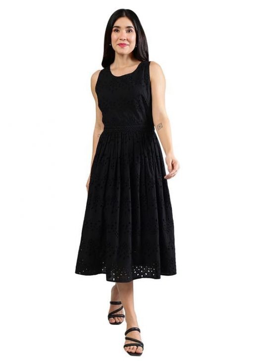 PEPPINOS Women Black Schiffli Dress in Cotton