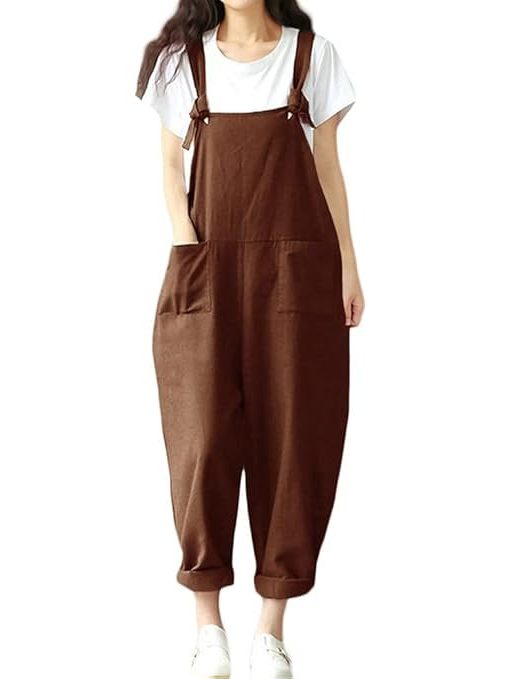New Women Loose Jumpsuit Overalls Solid Sleeveless Pockets Wide Legs Casual Dungarees Playsuit Rompers-Layfoo