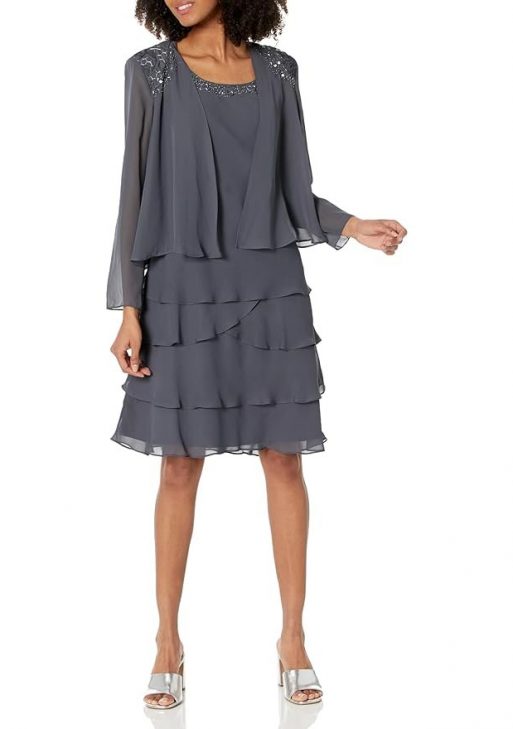 S.L. Fashions Women's Embellished Tiered Dress with Jacket