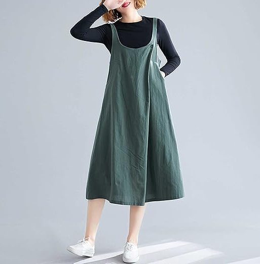 Homgee Women Cotton Linen Pinafore Midi Dress Wide Straps Buttoned Chest Pockets Open Back A Line Casual Loose Overall Dress, Medium, Green