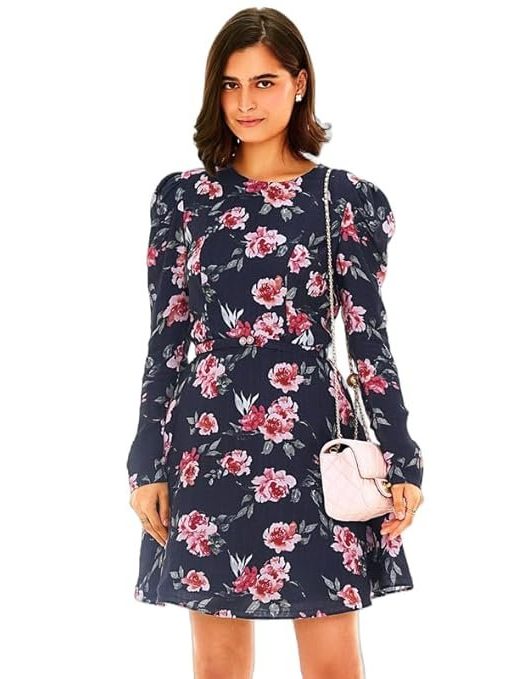 PRETTY PIXIE Women's Short Dress Picnic – Midnight Rose | Cotton, Round Neck, Trendy & Comfortable | Casual Summer & Outdoor Picnic Dress for Woman