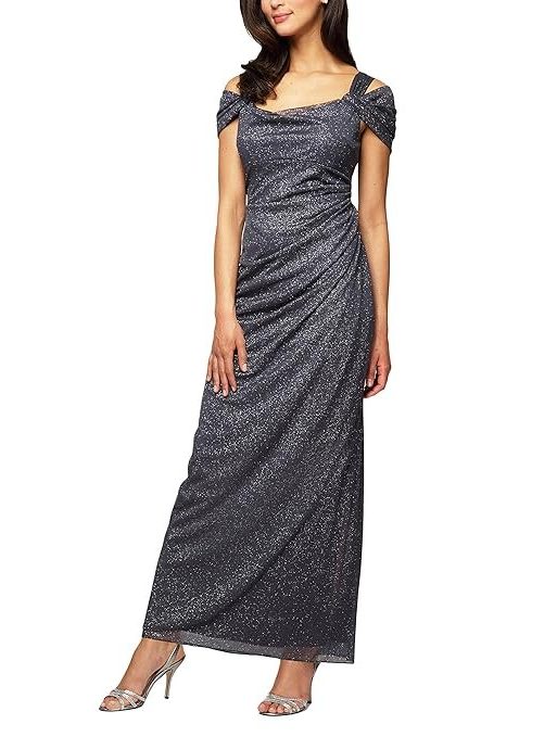 Alex Evenings Women's Cold-Shoulder Glitter Dress with Side Ruched Skirt