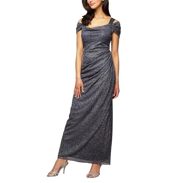 Alex Evenings Women's Cold-Shoulder Glitter Dress with Side Ruched Skirt