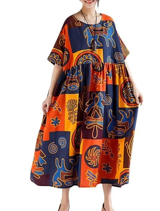 Women Vintage Loose Dress Contrast Color Print Half Sleeves Robes Oversized Cotton Linen Casual Dress Belity