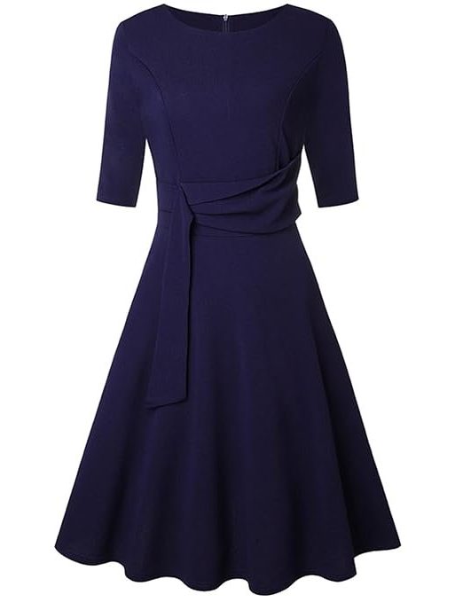 Janzoom Women Round Neck Dress, Elegant Flowy Hem Slim Fit Tie Waist Dress Half Sleeve for Women for Dating for Vacation XL Purplish Blue