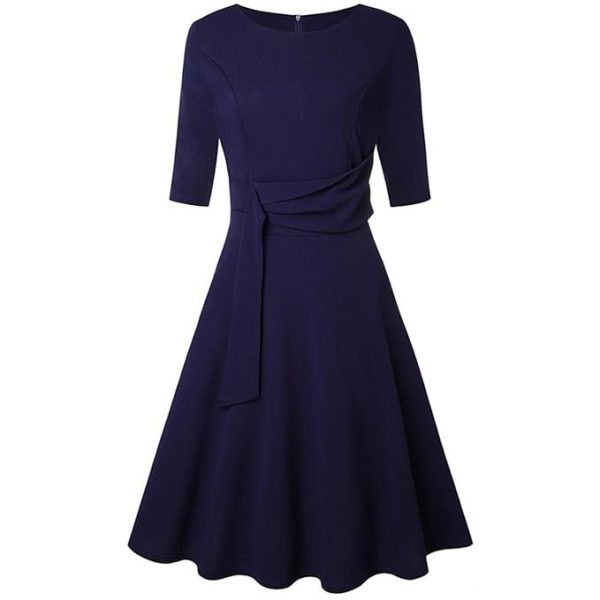 Janzoom Women Round Neck Dress, Elegant Flowy Hem Slim Fit Tie Waist Dress Half Sleeve for Women for Dating for Vacation XL Purplish Blue