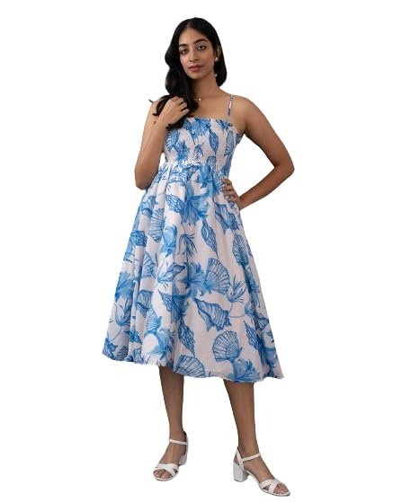 ONE Double Women's Printed Midi Dress 100% Cotton Sleeveless Detachable Straps Knee Length with Side Pocket Western Swirl Dress