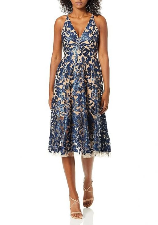 Dress the Population Women's Claudia Plunging Long Sleeve Sequin Lace Mini