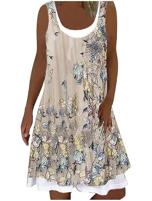 Dresses for Women Stylish Indian, Women's Summer Fashion Casual Round Neck Print Sleeveless Patchwork Short Dress