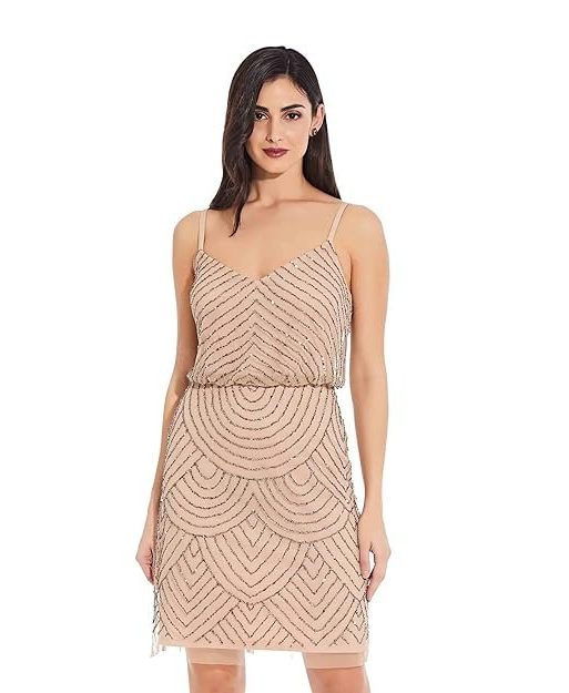 Adrianna Papell Women's Sleeveless V-Neck Blouson Beaded Cocktail Dress