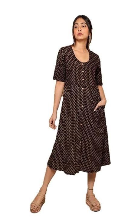 Gleamberry Women's Black Ajrakh Cotton Dress Unique Design and Timeless Style for Every Occasion