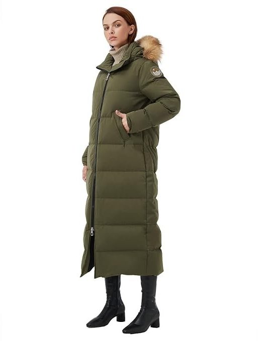 Fitouch Women's Waukee Long Down Coat Parka Jacket | 750+ Fill Power | Full-Length, Olive_fullcuard_balancewarmer, Large