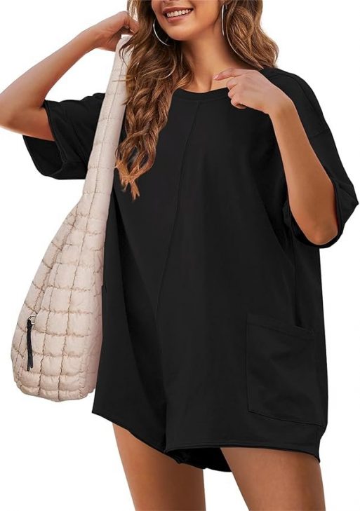 Lianlive Rompers for Women Short Sleeve Oversized Athletic Rompers Reversible Workout Overalls Hot Shot Tee Romper Onesie