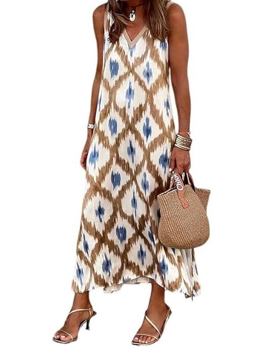QUECY Women's Fashionable Brown V-Neck One Piece A-line Sleeveless Midi Dress