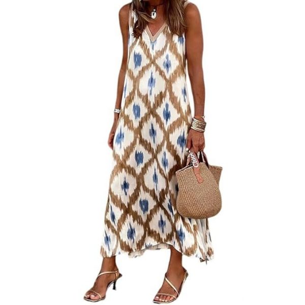 QUECY Women's Fashionable Brown V-Neck One Piece A-line Sleeveless Midi Dress