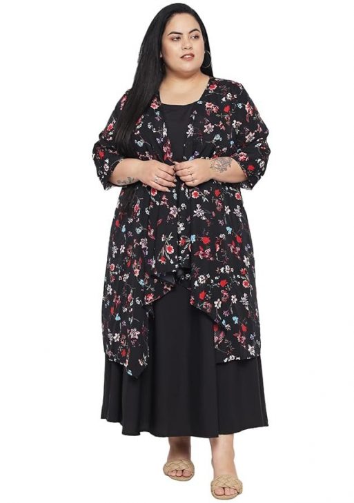 Indietoga Women's Plus Sizes Solid Long Maxi Dress with Floral Printed Shrug (Fit and Flare 2XL to 10XL)