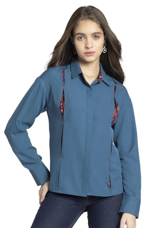 SHAYE Spread Collar Blue Printed Long Sleeves Casual Shirts for Women