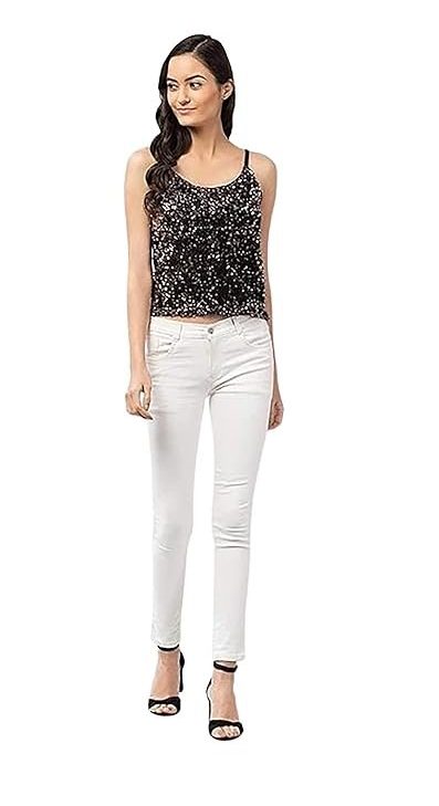Akssports Sequin Round Neck Sleeveless Stretchable Slim Fit Tank Top for Women JK4-4 (XL_Silver)