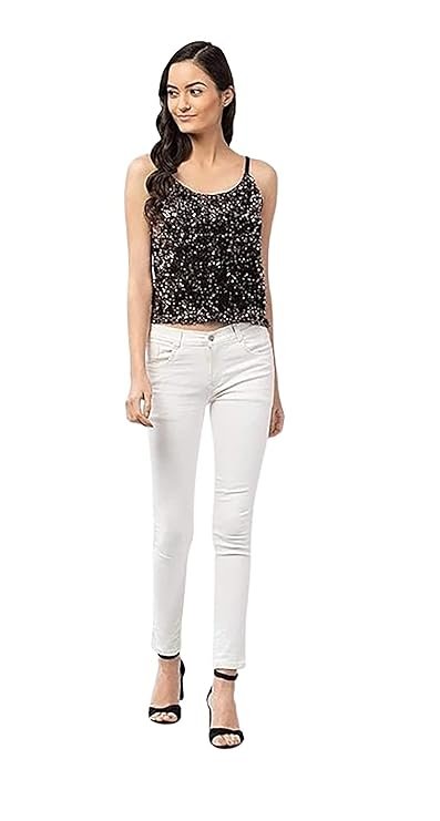 Akssports Sequin Round Neck Sleeveless Stretchable Slim Fit Tank Top for Women JK4-4 (XL_Silver)