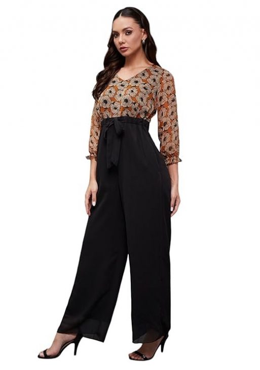 Miss Chase Women's V-Neck Bishop Floral Wide Leg Georgette Regular Jumpsuit with Pockets