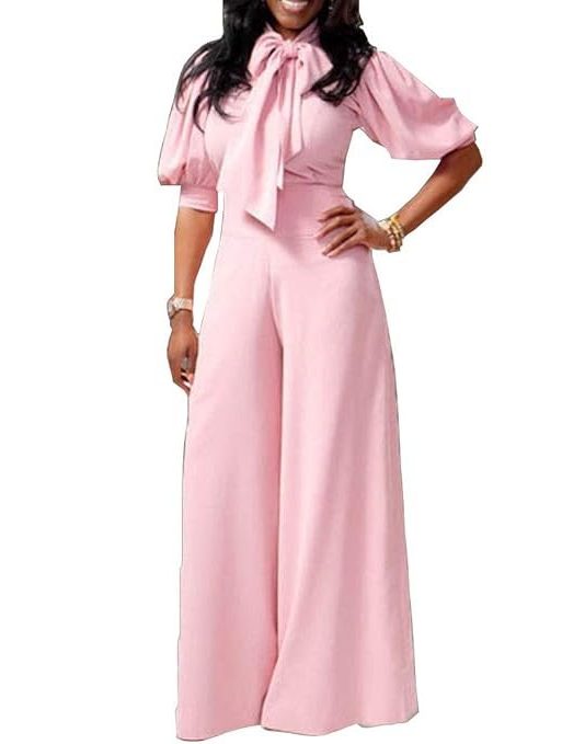 VERWIN Plain Dressy Full Length Bowknot Women's Jumpsuit High Waist Woman Romper