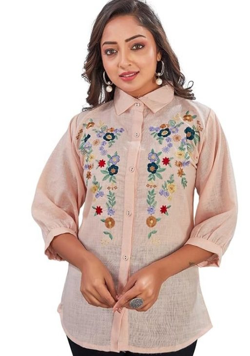 KESUDI Women's Floral Embroidered Button-Down Shirt | Linen 3/4 Sleeve Collared Top Shirt | Stand Collared Casual Wear Top Shirt