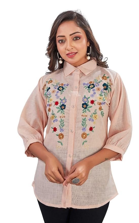 KESUDI Women's Floral Embroidered Button-Down Shirt | Linen 3/4 Sleeve Collared Top Shirt | Stand Collared Casual Wear Top Shirt