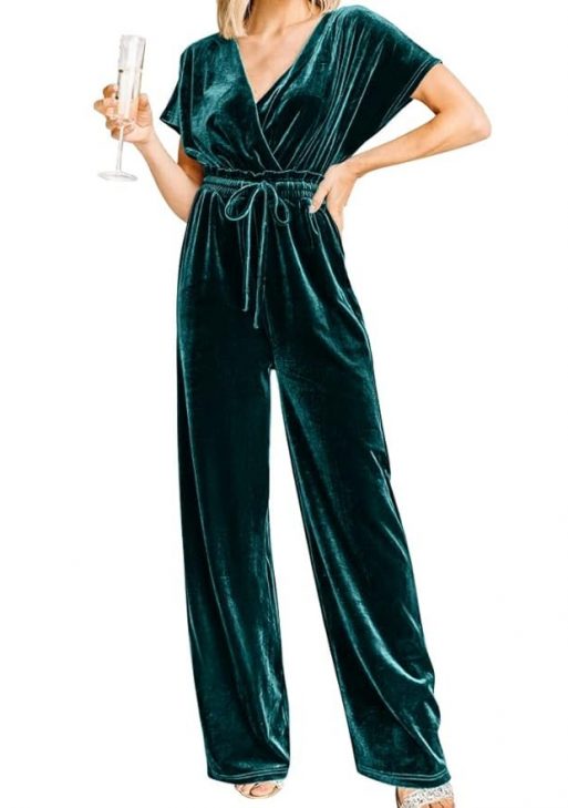 YMDUCH Women's Casual Short Sleeve Belted Long Wide Leg Pant One Piece Jumpsuit