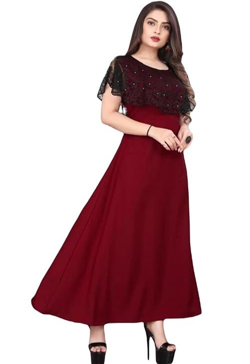 SWIBONA Women's Solid Crepe Round Neck Flare Sleeve Ethinic Wear Long Gown Dress (G_C_31237)