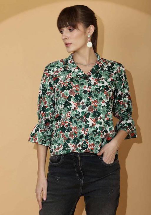 Women Regular Fit Printed Lapel Collar Casual Shirt