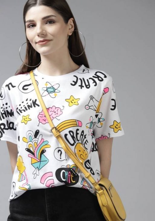 Oversize Women Printed Round Neck Pure Cotton White T-Shirt