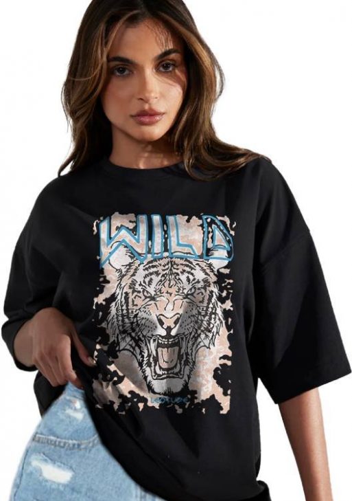 Women Printed, Typography Round Neck Cotton Blend Black T-Shirt