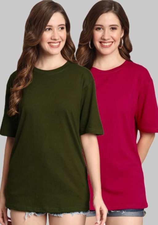 Pack of 2 Women Solid Round Neck Cotton Blend Green, Pink T-Shirt