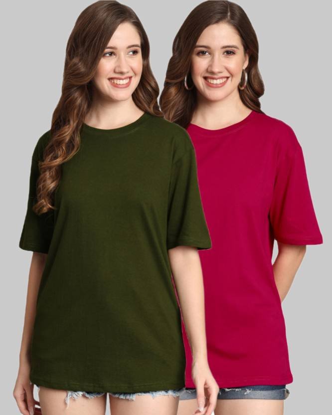 Pack of 2 Women Solid Round Neck Cotton Blend Green, Pink T-Shirt