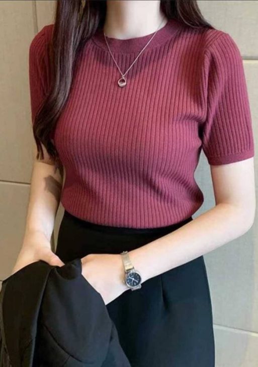 Women Self Design Round Neck Linen Blend Maroon T-Shirt