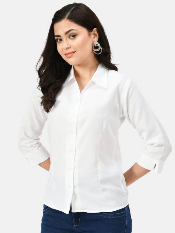 Women Slim Fit Solid Spread Collar Casual Shirt
