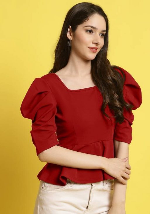 Casual Regular Sleeves Self Design Women Red Top