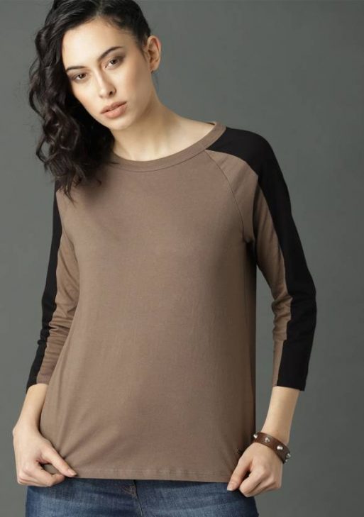 Women Colorblock Round Neck Cotton Blend Brown T-Shirt