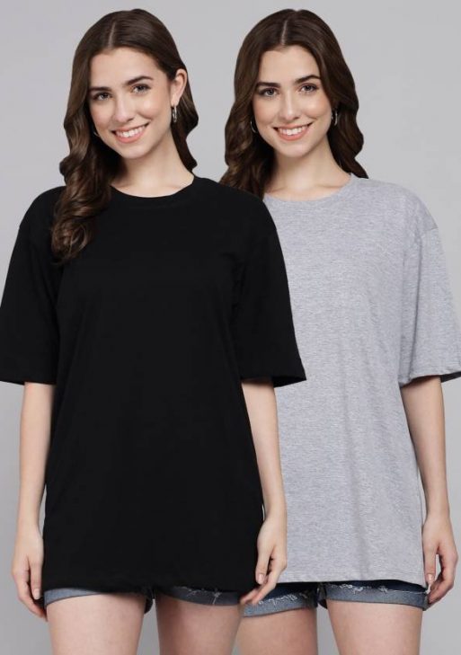 Pack of 2 Women Solid Round Neck Cotton Blend Black, Grey T-Shirt