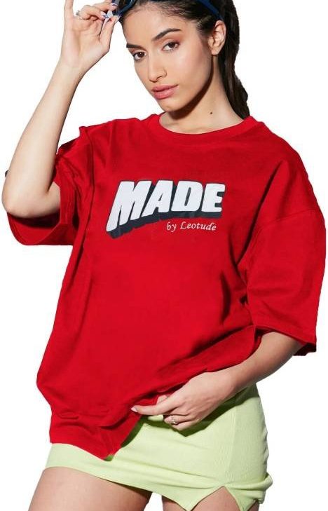 Women Printed Round Neck Cotton Blend Red T-Shirt