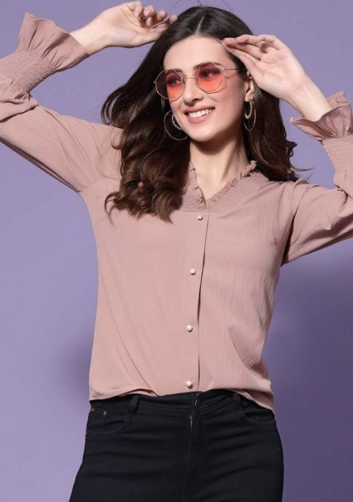 Casual Bell Sleeves Solid Women Pink Top