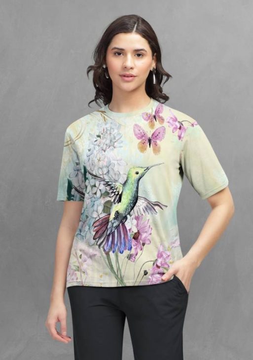 Women Printed Round Neck Cotton Blend Beige T-Shirt