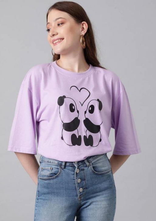 Women Printed, Typography Round Neck Cotton Blend Purple T-Shirt