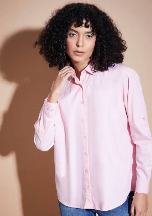 Women Oversized Fit Solid Button Down Collar Casual Shirt