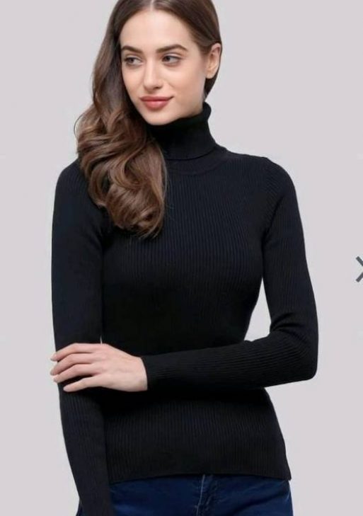 Women Self Design High Neck Cotton Blend Black T-Shirt