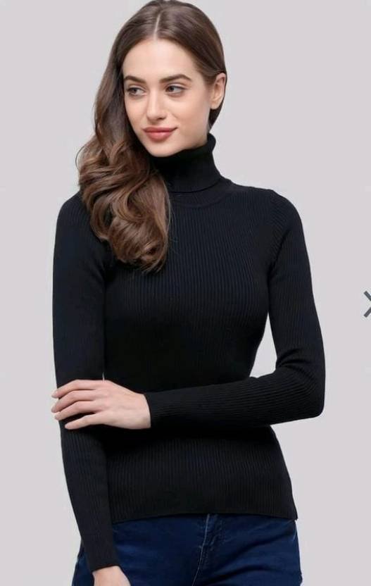 Women Self Design High Neck Cotton Blend Black T-Shirt