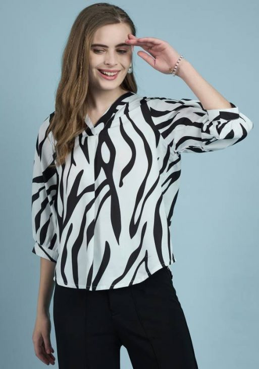 Casual Puff Sleeves Animal Print Women White, Black Top